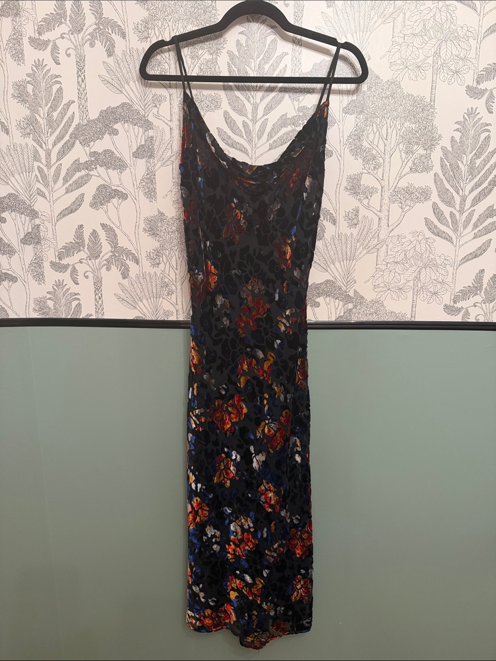 Black Floral Slip Midi Dress with Spaghetti Straps
